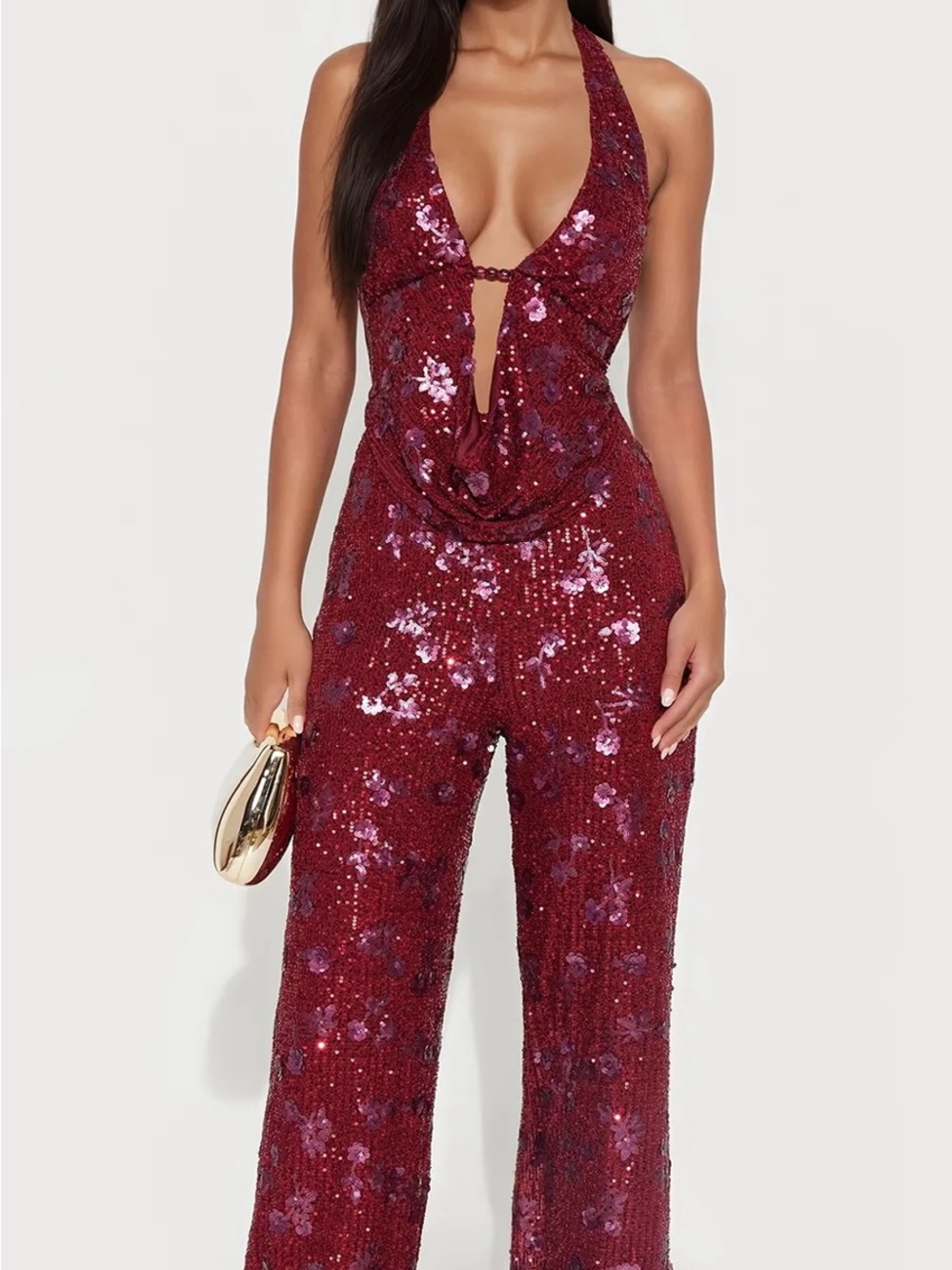 Fashion Nova Burgundy Sequined Halter Jumpsuit